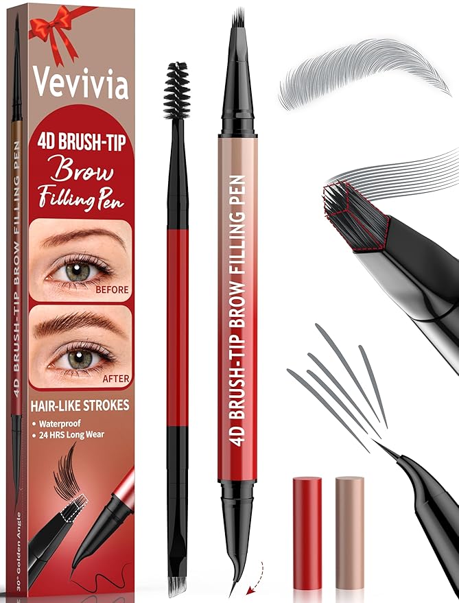 Vevivia Eyebrow Pencils for Women - Eyebrow Pen with 4D Brush-Tip & Curved Tip for Natural Fuller-Looking Brows, Precise Hair-Like Strokes for All Brow Types, Last All-Day Eyebrow Makeup, Grey