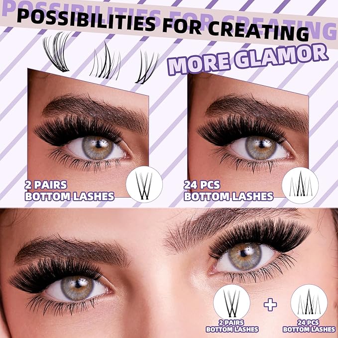 B&Qaugen Eyelash Extension Kit with Bottom Lash Extension 10-18mm 70D D Curl Lash Clusters Kit with Bottom Lashes DIY Lash Extension Kit Bond and Seal Lash Applicator (Kit-70D-D-MIX10-18)