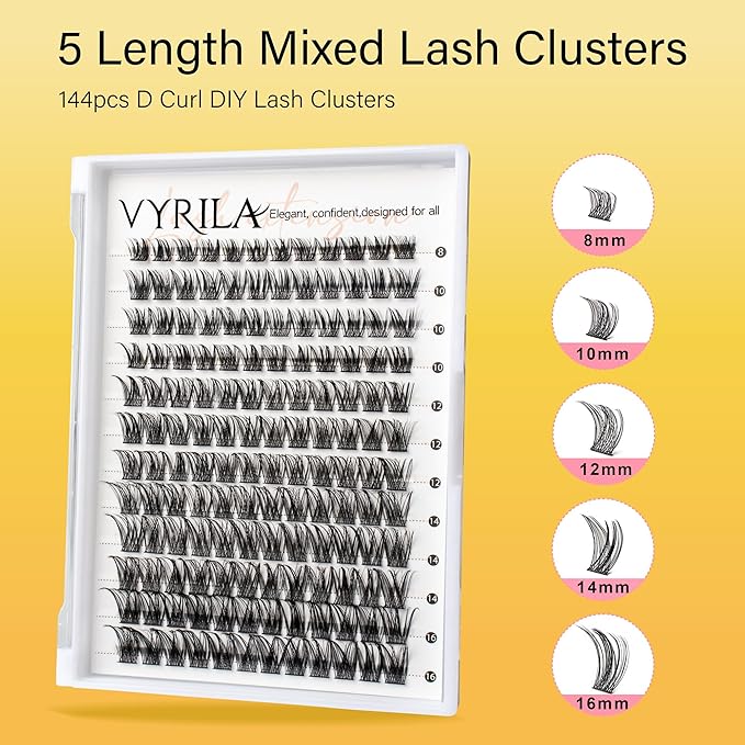 VYRILA Lash Clusters 8-16mm, False Eyelashes 144pcs, Cluster Eyelash Extensions Matte Black Soft, Diy Lash Extensions D Curl Natural Lash Clusters Faux Mink Lashes Wispy（Sway,144pcs,0.07,D,8-16MIX)