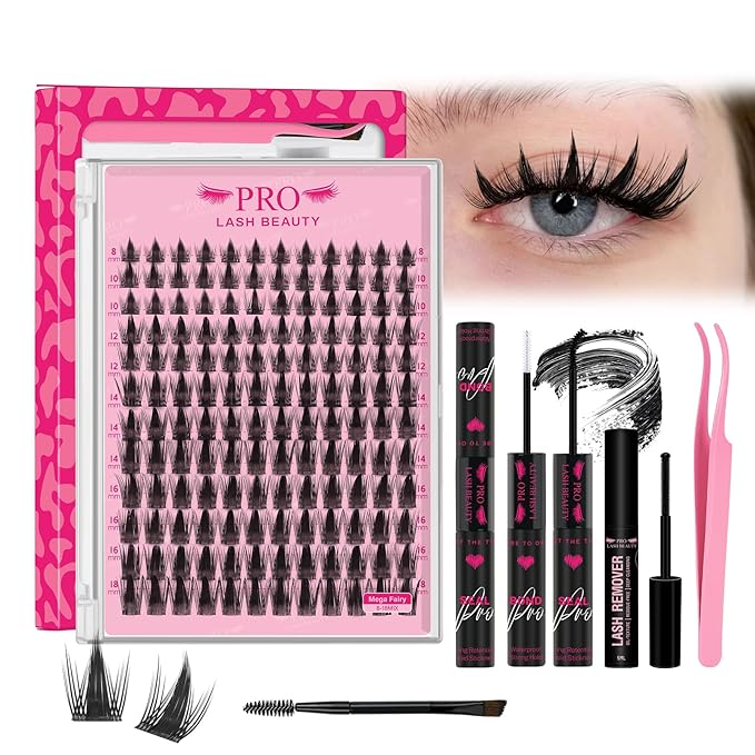 PROLASHBEAUTY Fairy Lash Clusters Kit Wispy Invisible Band Manga Lashes Individual Lashes Bond and Seal Remover Brush Eyelash Extension Kit Easy Removal (Mega Fairy, 8-18mix)