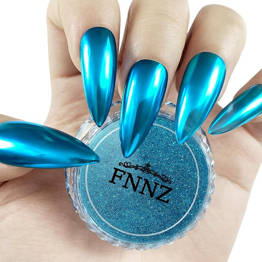 FNNZ Chrome Nail Powder, Metallic Lake Blue Nail Powder Pigment Premium Mirror Effect Salon Nail Art Glitter Dust for Gel Polish Decoration Home DIY Nail Manicure Supplies