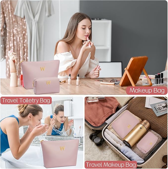 Women Gifts | Initial Makeup Bag Set for Girl Personalized Gifts for Bridesmaid Friend Graduation Teachers PU Leather Cosmetic Travel Toiletry Bag(Pink,W)