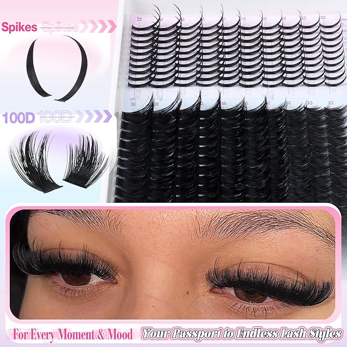 Fluffy Lash Clusters Kit 200D Volume Eyelash Clusters with Spikes 300Pcs DIY Lash Extension Kit Manga Cluster Eyelash Extensions Wispy Cluster Lashes Fairy Eyelash Extension Kit