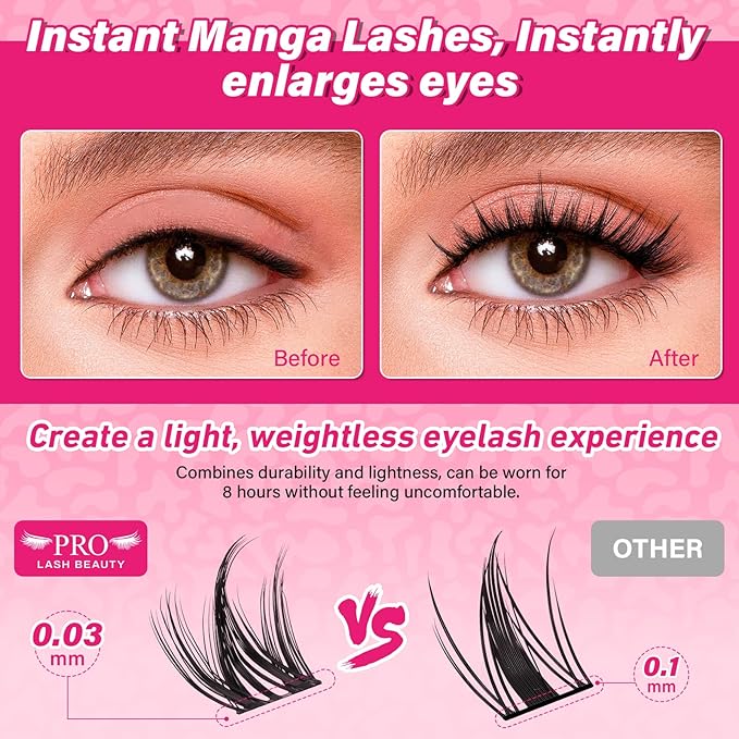 PRO LASHBEAUTY Manga Lash Clusters Kit with Lash Bond and Seal Eyelash Applictor Lash Remover DIY Lash Extension Kit Waterproof Resuable Eyelash Extensions at Home (Nova,8-18mix)