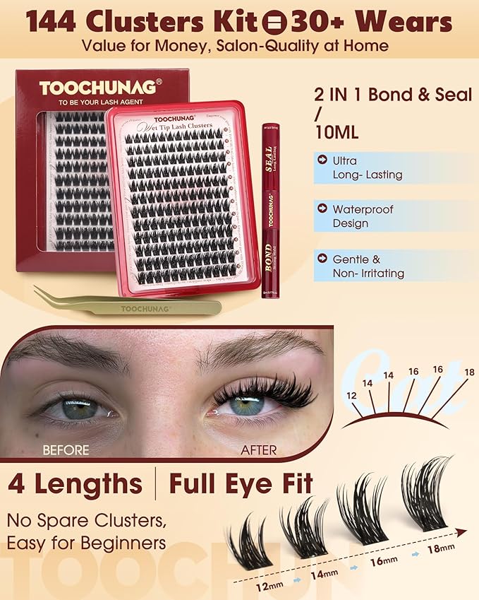 TOOCHUNAG Lash Clusters Kit 12-18mm Manga Eyelash Clusters Kit 144pcs Thick Anime Lashes Clusters Volume Individual Lash Extension Kit Spiky Cluster Eyelashes Extensions with Lash Bond,Seal,Tweezers
