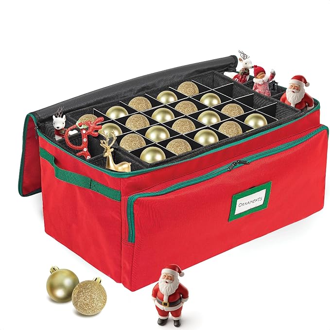 Premium Christmas Ornament Storage Box – Holds up to 72-3” Ornaments + 6 Side Slots for Figurines & Nutcrackers – Holiday Decoration Organizer – Durable 600D Red Canvas