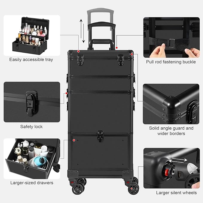 Makeup Train Case with Drawer, Rolling Makeup Case, Cosmetology Case on Wheels, Gift, Travel Makeup Organizers, Profesional Cosmetic Case for Salon Barber,Nail,Tattoo, Black