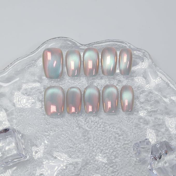Cat Eye Press on Nails Handmade Short Oval/Square/Round False Nails with French Tip/Aurora/Magnetic Shimmer Designs (Aurora#Sunset River M)