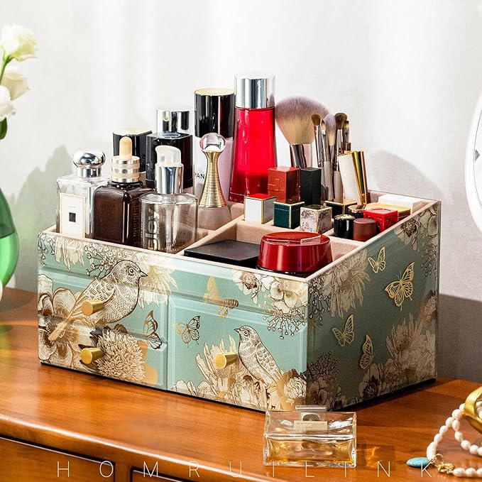 Glass Makeup Organizer for Vanity - Vanity Case with Drawers & Velvet Lining, Countertop Organizer for Lipstick, Brushes, Skincare, Perfume - Christmas Gifts for Women