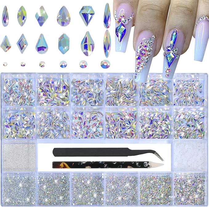 Nail Art Rhinestones - 12 Types of 600 Crystal AB Diamonds, 3D Flatback DIY Pearls, Gems, Beads, Flat Back Stones Set, with Kit, for Nail Art Decor