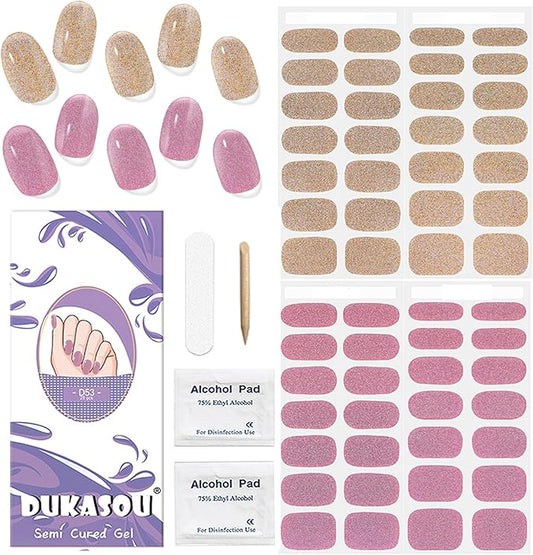 DUKASOU Semi Cured Gel Nail Strips, 56Pcs Nail Art Stickers/Wraps, Long Lasting UV Nail Polish Strips for Adults(Pink+Gold)