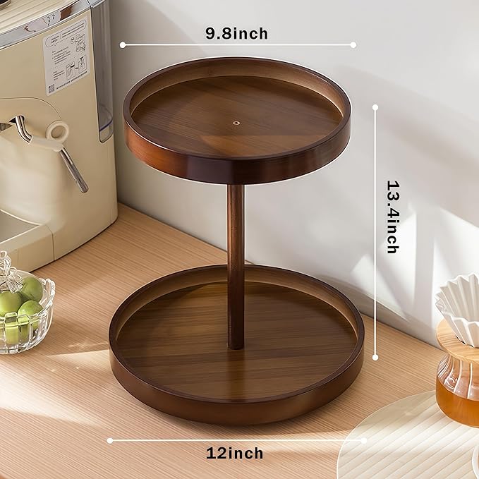 SANRETAHO 2-Tier Bamboo Rotating Makeup Organizer, 360° Spinning Vanity Organizer for Perfume & Skincare, Space-Saving Countertop Cosmetic Storage Organizer for Bathroom, Brown