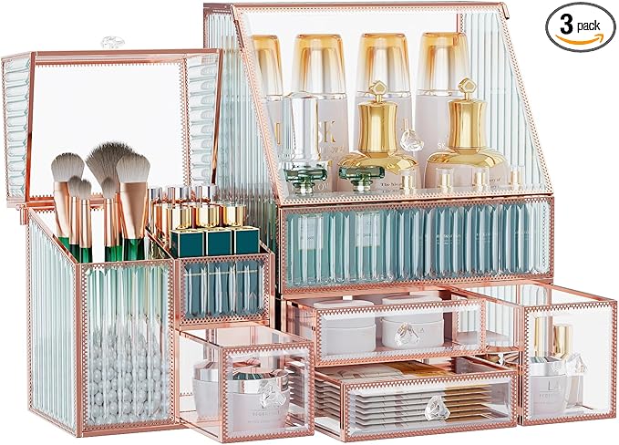 Glass Makeup Organizer - Multi-Functional 3-in-1 Cosmetic Organizer for Skincare, Lipstick, Brushes - Vanity Organizer & Bathroom Organizer
