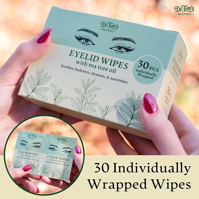 Dr. Tom's Blends 30pc Tea Tree Oil Eyelid & Lash Wipes - For Dry & Itchy Eyes, Individually Wrapped Eyelash Wipes, Makeup Remover & Daily Eye Cleanser