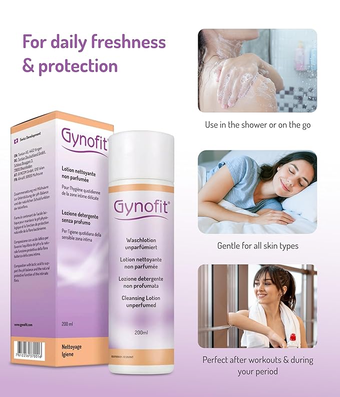Gynofit Cleansing Lotion (unperfumed) – Ensures balanced pH value for Vaginal Health – Protects the Vaginal Skin from drying out & prevents irritation – suitable for long-term, daily use (6.76 Fl Oz)