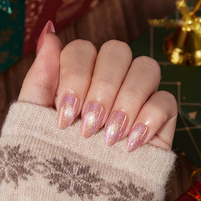 VSALON Press on Nails Short Almond - Pink Cat Eye Pastel Glitter Holographic Fake Nails Kit, Reusable Opaque Gel Chrome Glue on Nails with Glue & Cuticle Oil - Valentines Gifts for Women