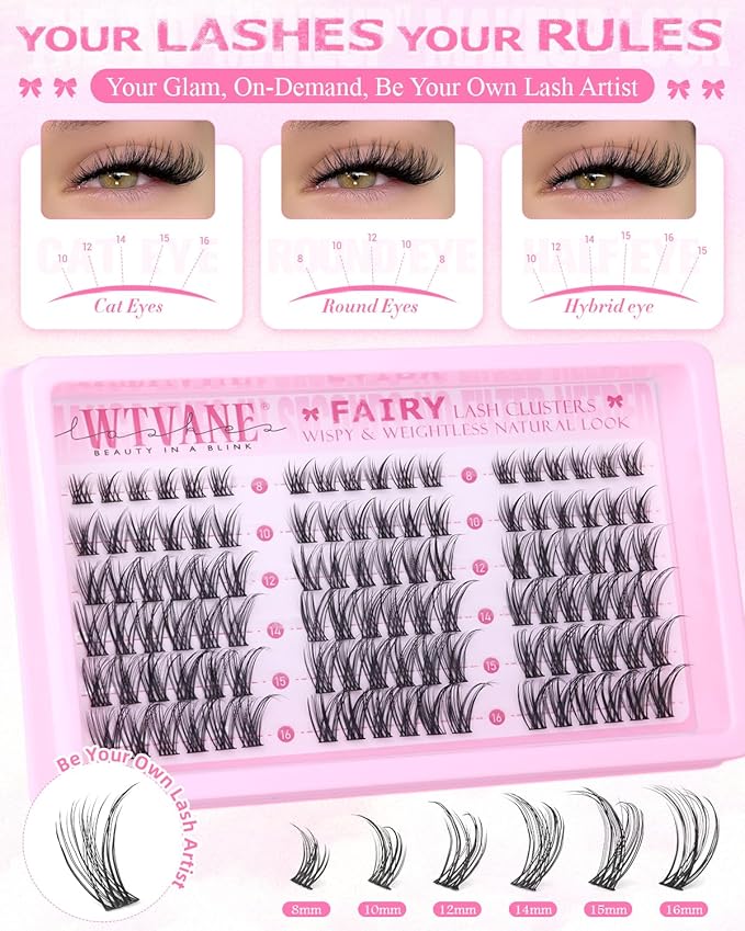 Wtvane Lash Clusters Wispy Eyelash Clusters Natural Lash Extensions 8-16mm Cluster Eyelash Extensions Fairy Lashes Clusters with Soft Thin Lash Band C-Curly Individual Lashes Anime Eyelashes Cluster