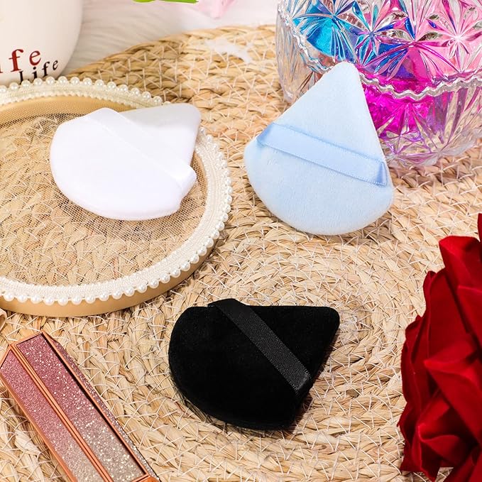 Maitys 12 Pcs Powder Puff Triangle for Face Makeup Cosmetic Loose Powder Puff Velour Soft Body Washable Reusable Foundation Sponge Wet Dry Makeup Tool for Women(Small,Black, White, Blue)