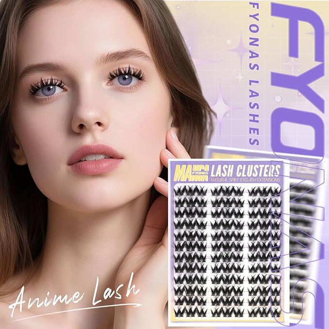 Fyonas Manga Lash Clusters Wispy Cluster Eyelashes Natural Look Fluffy Anime Cluster Eyelash Extensions C Curl 108Pcs Easy to Apply Flora Individual Lashes with Thin Band for Beginners (Cutey)