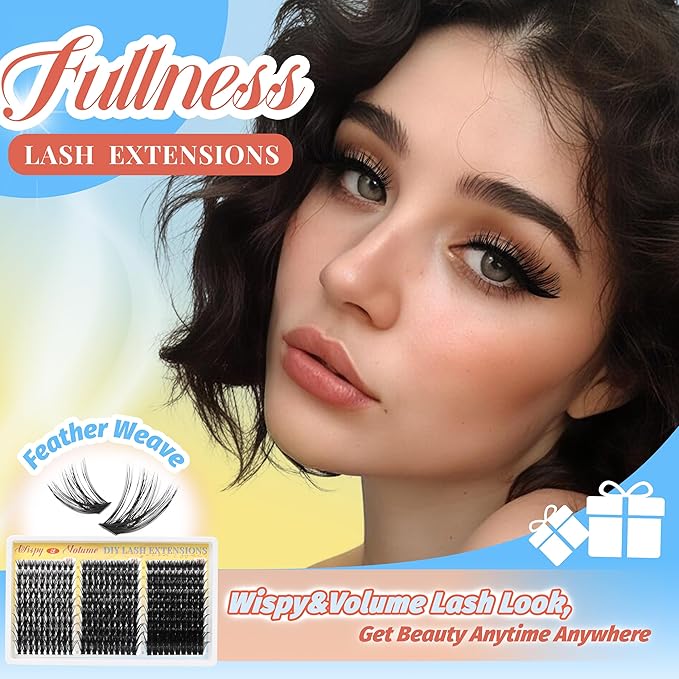 Fyonas Wispy Lash Clusters 60D+80D+100D Thick Cluster Eyelash Extensions 300Pcs D Curl Volume Eyelash Clusters DIY Individual Lashes 10-18mm Fluffy Cluster Eyelashes (Feather Weave)