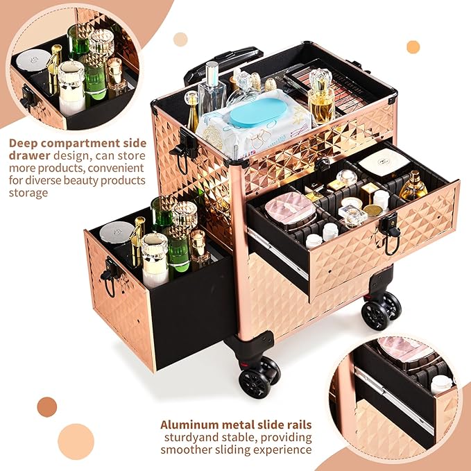 Karl home Rolling Makeup Case with Wheels & 2 Drawers, 3 in 1 Large Capacity Trolley Makeup Travel Case, Professional Cosmetology Lockable Travel Cosmetic Storage Train Cases, Champagne Gold