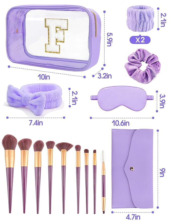 Gift Sets for Women, Initial Makeup Bag with Makeup Brush Set Bachelorette Party Favors, Purple Spa Kit with Skincare Headbands Wrist Bands Sleepover Party Supplies Gifts for Teen Girls Bridesmaid F