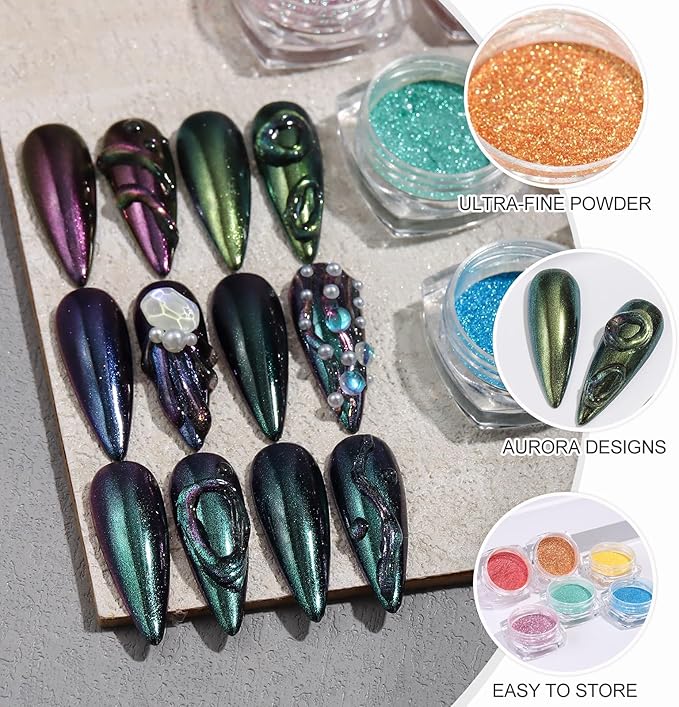 SUTOKAKA 6 Color Chrome Nail Powder Set Bright Iridescent Aurua Nail Glitter Dust Sequins Holographic Metallic Mirror Effect Pigment for Nail Gel Home Manicure Salon Use