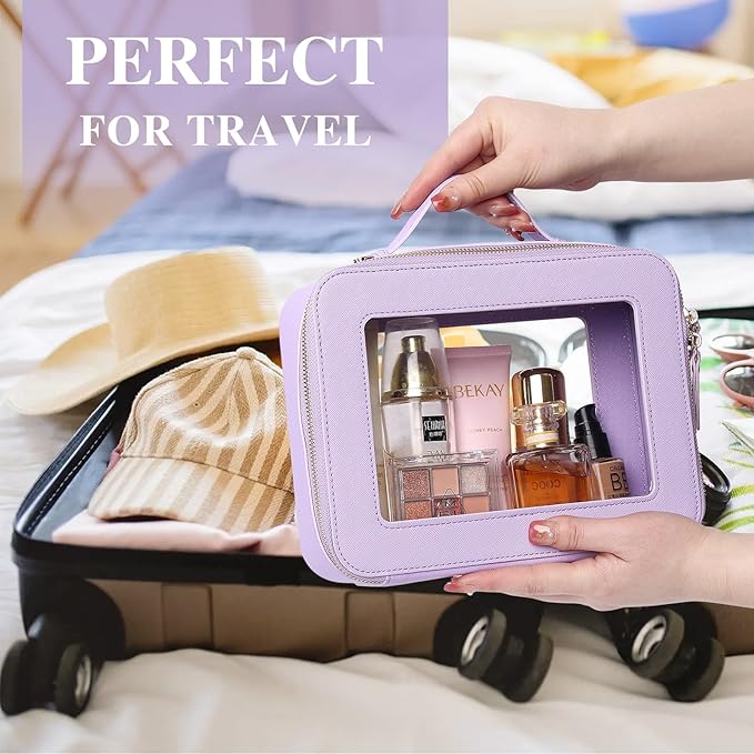 Pinkmik Clear Makeup Bag with Brush Bag 3pcs Waterproof Travel Case for Cosmetics and Toiletries Women's Makeup Organizer with Zipper (X/Purple, L+M+SLIM)