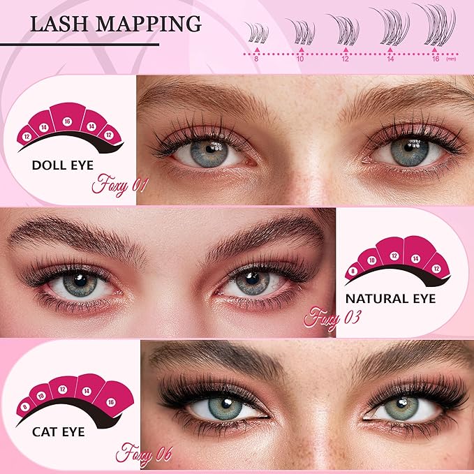 Nova Lash Clusters Kit 360 PCS Lash Clusters Natural Look Invisible Band Lashes Eyelash Clusters with Bond and Seal D Curl WideSpan Cluster Eyelash Extension Kit 8-16mm DIY at Home