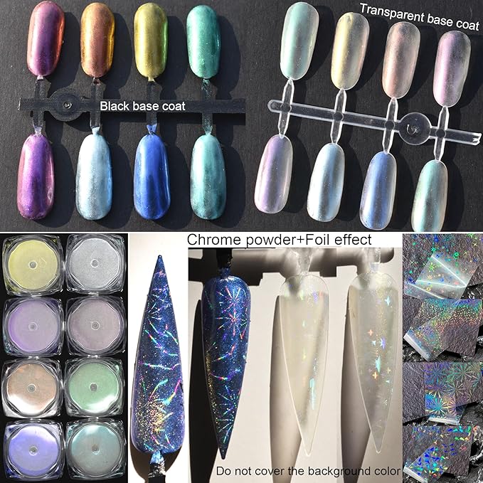 Holographic Chrome Nail Powder Kit - 8 Jars Pearl Chrome Mirror Effect Powder and 10 Sheets Transparent Aurora Nail Transfer Foils, Glitter Manicure Art Supplies