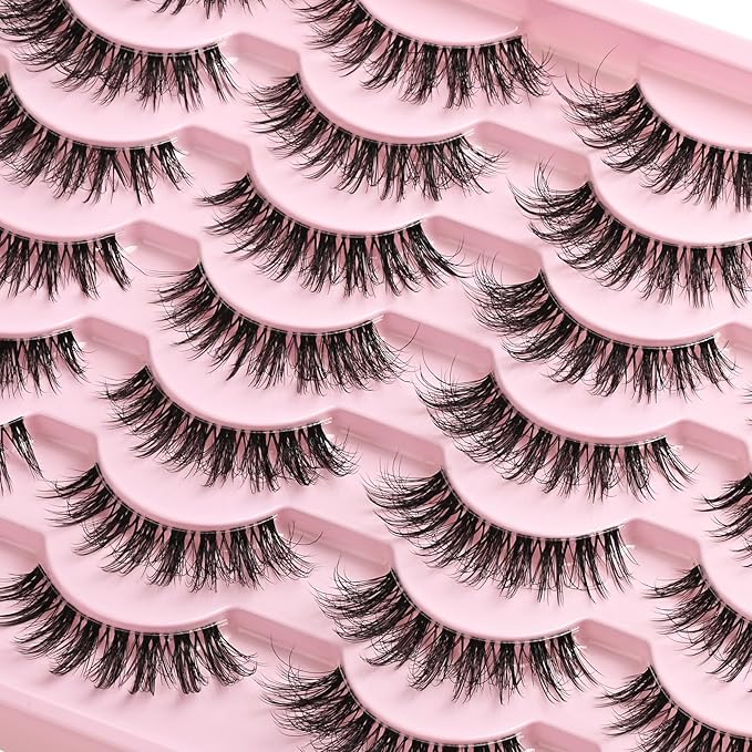 Lashes Wispy False Eyelashes Cat Eye Lash Strips Natural Fake Eyelash Mink Strip Lash Pack 14 Pairs Lightweight Fluffy Cateye Lashes Soft Cotton Band 7-14mm Wispies Easy Eyelashes Natural Look