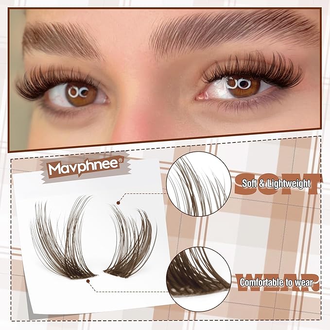Mavphnee Brown Lash Clusters Kit Fairy Eyelash Extensions Kit Dark Brown Cluster Eyelash Extensions Kit Natural Wispy D-Curly Individual Lashes Clusters with Lash Bond and Seal Glue and Tweezers