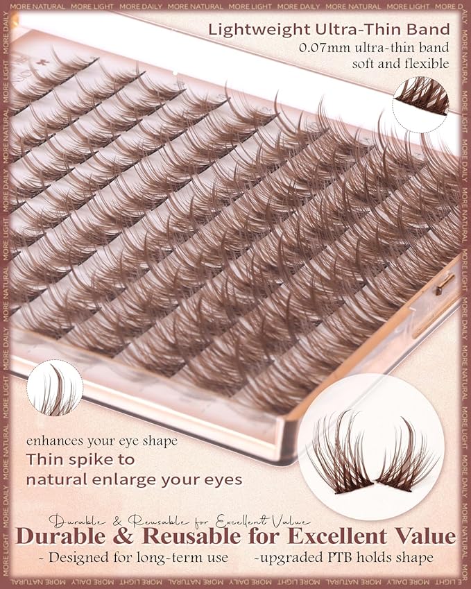 Wtvane Brown Lash Clusters Wispy Eyelash Clusters Natural Lash Clusters with Spikes 8-16mm Cluster Eyelash Extensions Natural Look C-Curly Individual Lashes Thin Band Lashes Clusters Manga Eye Lashes
