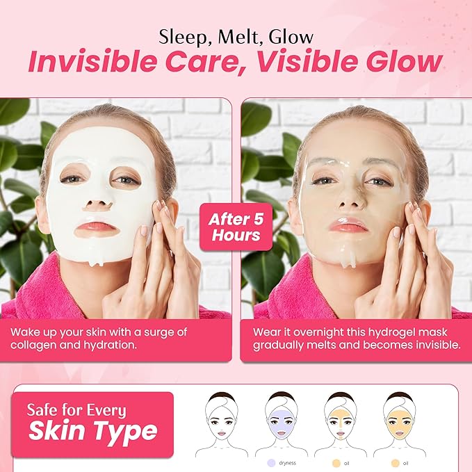 Hydrogel Collagen Face Mask – Overnight Hydrating & Firming Treatment for Dry or Mature Skin – Dermatologist Tested, Anti Aging Korean Skin Care, Vegan, Clean Beauty – Pack of 10