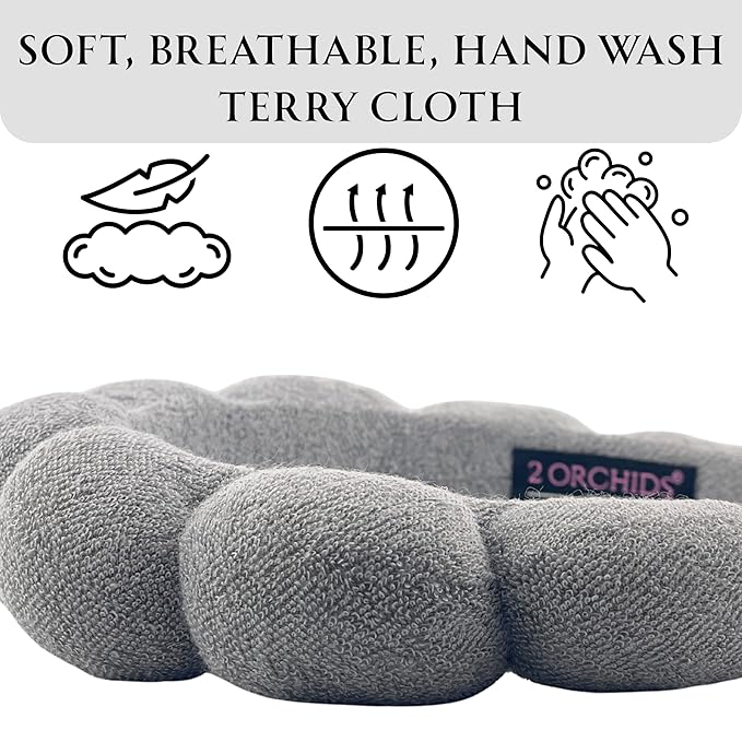 2 ORCHIDS Skincare Headband for Washing Face & Makeup Headband for Women - Terry Cloth Hairband for Spa & Skincare Routines - Perfect for Face Wash & Makeup Application (Grey)