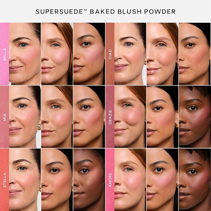 Saie SuperSuede Baked Blush - Talc-Free Powder Blush for Cheeks Infused with Hyaluronic Acid, Glycerin + Squalane - Hydrating Face Makeup for a Natural, Diffused Flush of Color - Ciao (0.1 Ounce)