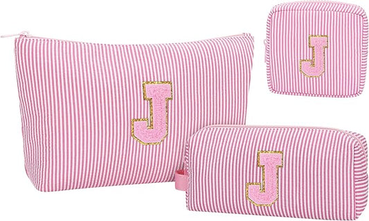MONSTINA Personalized Initial Makeup Bag for Women,Monogram Make Up Case for Girlfriend Bridesmaid Wife,Birthday Gift for Her Cute Toiletry Bag,3PCS,Pink J