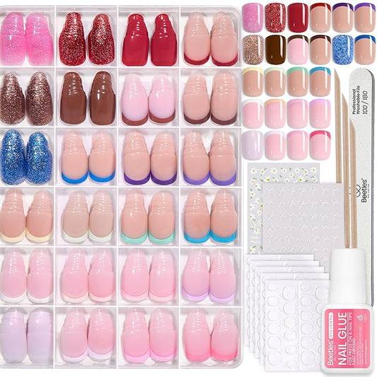 Beetles Press On Nails Kit - Candy Mix | 720Pcs 24 Colors Short Square Press On Nails | 15 Sizes French Glossy Glitter With Nail Glue & Nail Tabs Stickers, Fake Nails Kit Art For Women