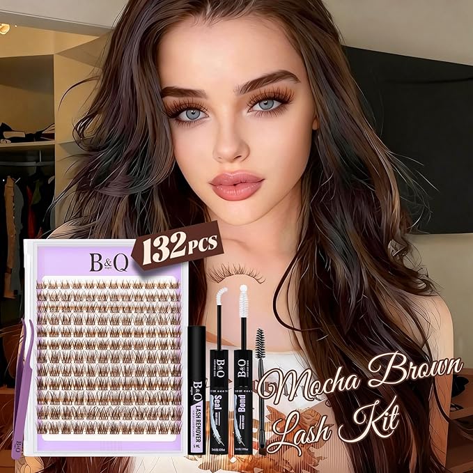 B&Q Brown Lash Clusters Kit Natural Mochalash Clusters 01, Brown Eyelash Clusters Kit C-Curl Cluster Eyelash Extensions 8-16mm Wispy Lash Eyelashes Kit for Fair/Dark Hair(Mochalash 01 Set)