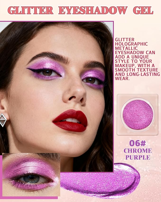 Sparkle Single Eyeshadow Cream, Chrome Purple Glitter Highly Pigmented Eye Shadow, Long-Lasting Blendable Shimmer Eyeshadow, Lightweight Eye Shadow Makeup Palette Christmas Party Gift for Women-06