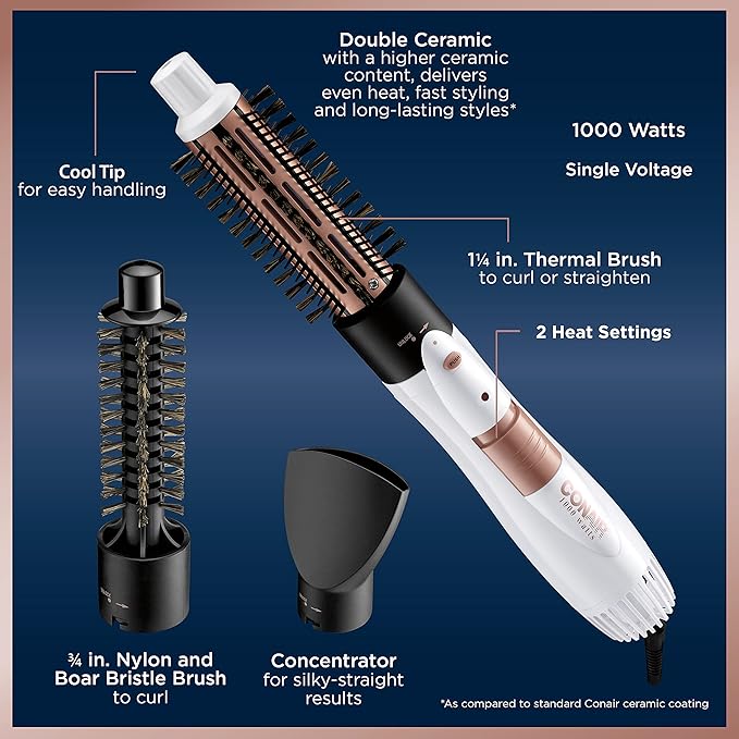 Conair Double Ceramic 3-in-1 Hot Air Brush, 1000W, Interchangeable 1¼" Thermal & ¾” Boar Bristle Attachments for Voluminous Curls & Straight Styles, Hot Air Brush for Fine & Thick Hair (Pack of 4)