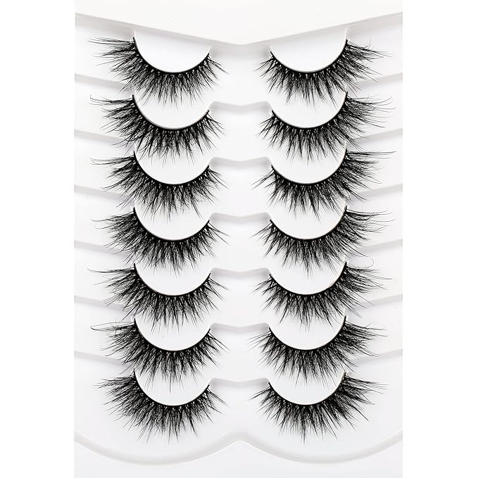 Pooplunch False Eyelashes Natural Fluttery Lashes Wispy 8D Volume Cat Eye Crossed Fake Eyelashes Faux Mink Lashes Strips 7 Pairs Pack