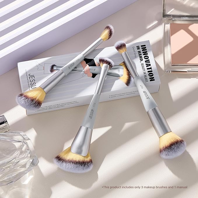 Jessup Face Makeup Brush Set 3pcs Double Sided Makeup Brushes for Foundation Contour Blush Highlight Concealer, Cruelty Free Cosmetic Tools Quiet Gray T521