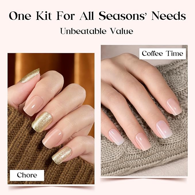 Beetles Press On Nails Kit - Caramel Drift | 360Pcs 12 Colors Short Square Press On Nails | 15 Sizes French Glossy Glitter Jelly With Nail Glue & Nail Tabs Stickers, Fake Nails Kit Art For Women