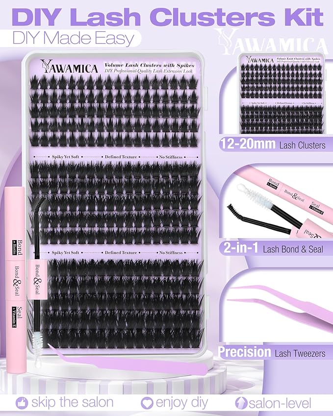 Volume Lash Clusters Kit with Spikes Manga Eyelash Clusters Wispy Cluster Eyelash Extensions Kit 12-20mm D Curl Spiky Individual Lashes DIY Lash Extension Kit with Quick-Dry Bond & Seal, Lash Tweezer
