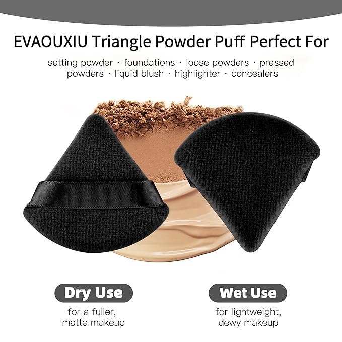 2 Pcs EVAOUXIU Triangle Powder Puff for Face Powder, Soft Plush Setting Makeup Puff, Velour Cosmetic Foundation Blender Sponge Beauty Makeup Tools (Black)