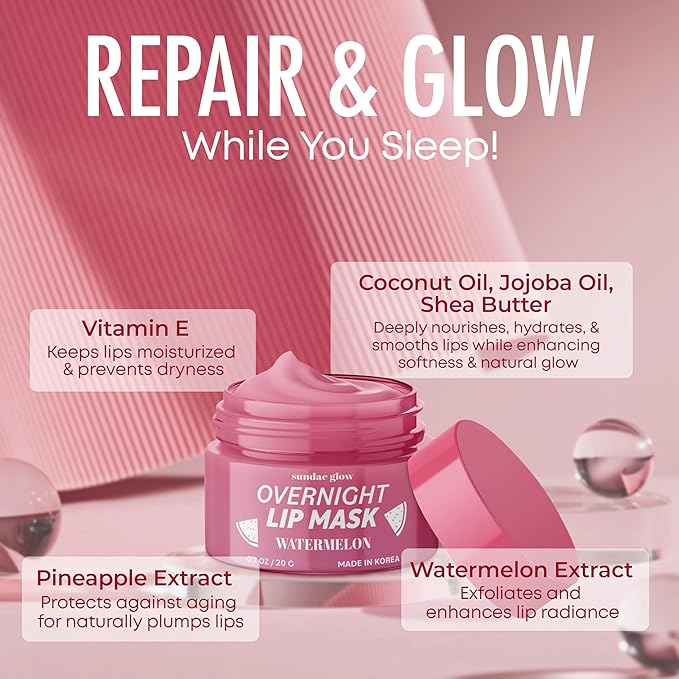 Sundae Glow Lip Mask with Watermelon – Overnight Lip Repair, Intense Hydration & Smoothing – Dermatologist Tested, Korean Skin Care – 95% Natural, Clean Beauty, Cruelty-Free – 1 Pack