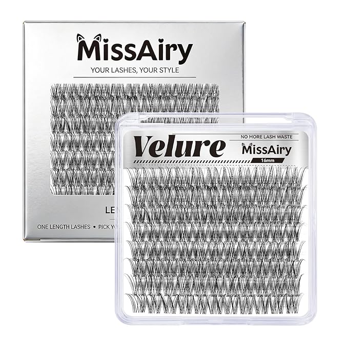 MissAiry Velure Lash Clusters LengthLock Eyelash Extensions Natural Lash Clusters 16MM Lashes Cluster Natural with Invisible Band Venus D Curly Individual Eyelashes Diy at Home(Velure 16MM)