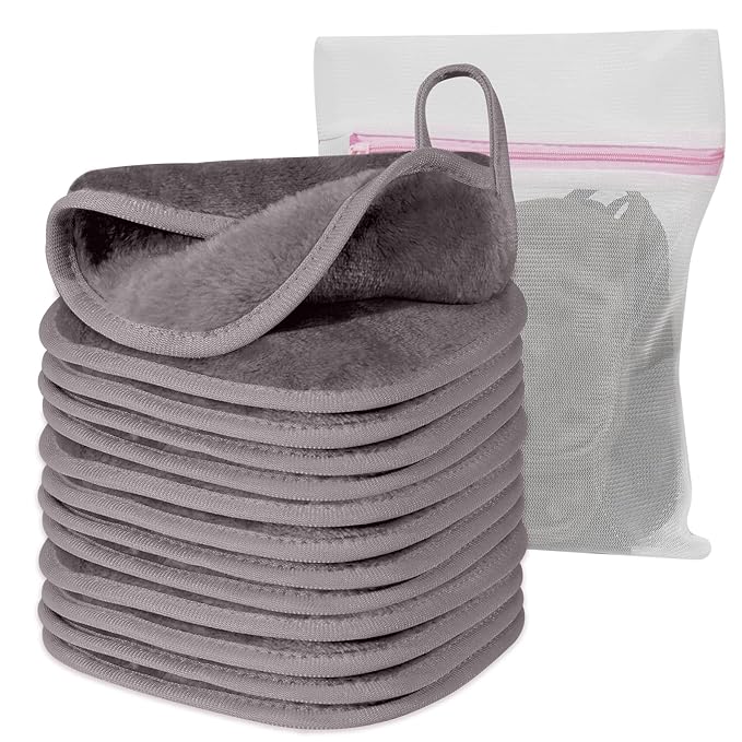 Natwag Makeup Remover Cloth, 6" x 6" Make Up Towels Reusable Face Cloth for Washing Face, Makeup Remover Pads Microfiber Face Washcloth with Mesh Bag, Just Water, 12 Pack, Cool Grey