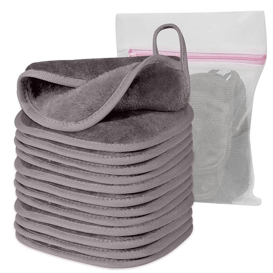 Natwag Makeup Remover Cloth, 6" x 6" Make Up Towels Reusable Face Cloth for Washing Face, Makeup Remover Pads Microfiber Face Washcloth with Mesh Bag, Just Water, 12 Pack, Cool Grey